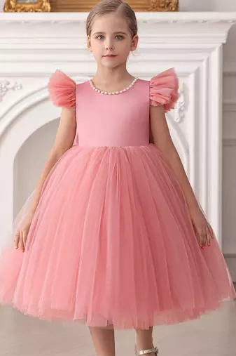 Pink embellished net party wear fit & flare girls dress