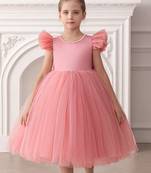 Pink embellished net party wear fit & flare girls dress
