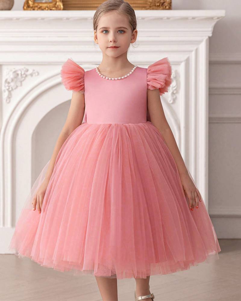 Pink embellished net party wear fit & flare girls dress