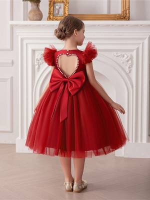 Red embellished net party wear fit & flare girls dress 2