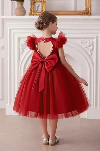 Red embellished net party wear fit & flare girls dress
