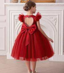 Red embellished net party wear fit & flare girls dress