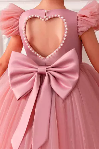 Pink embellished net party wear fit & flare girls dress