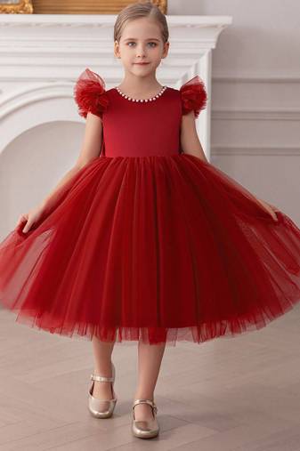 Red embellished net party wear fit & flare girls dress