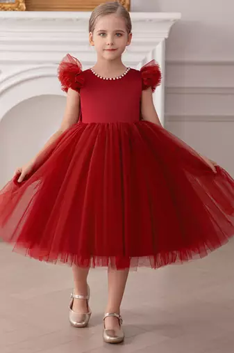 Red embellished net party wear fit & flare girls dress