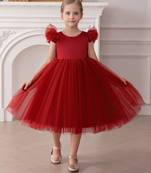 Red embellished net party wear fit & flare girls dress