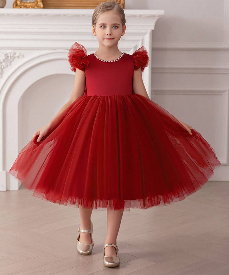 Red embellished net party wear fit & flare girls dress