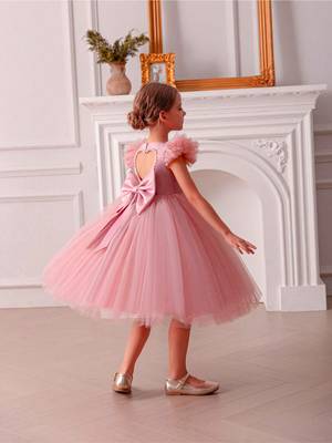 Pink embellished net party wear fit & flare girls dress 4