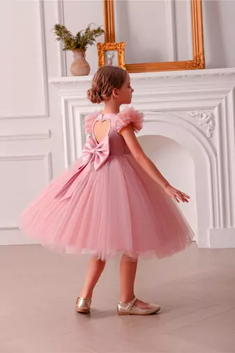 Pink embellished net party wear fit & flare girls dress