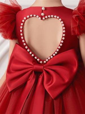 Red embellished net party wear fit & flare girls dress 3