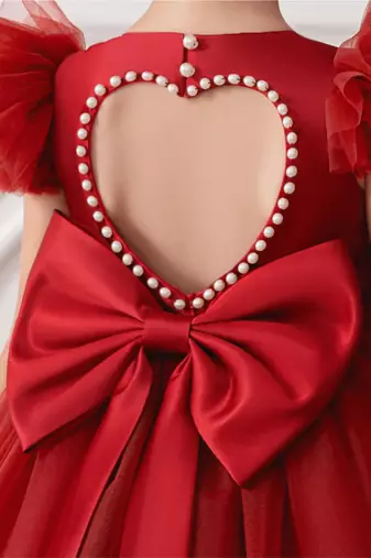 Red embellished net party wear fit & flare girls dress