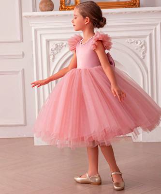 Pink embellished net party wear fit & flare girls dress 5