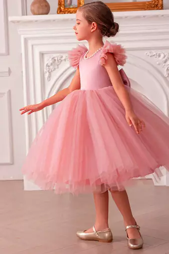 Pink embellished net party wear fit & flare girls dress