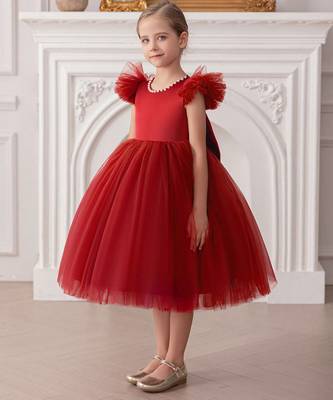Red embellished net party wear fit & flare girls dress 4
