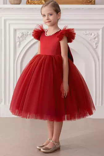 Red embellished net party wear fit & flare girls dress
