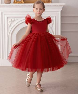 Red embellished net party wear fit & flare girls dress 5