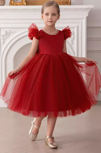 Red embellished net party wear fit & flare girls dress