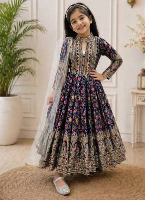 Kids chinon silk digital print with embroidered work wedding gown 1