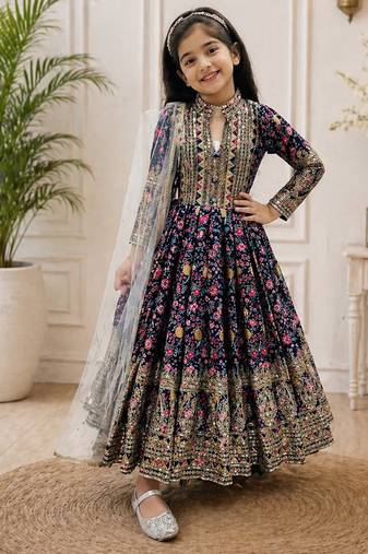 Kids chinon silk digital print with embroidered work wedding gown