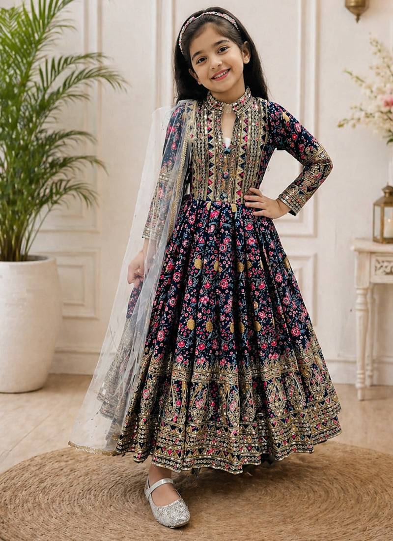Kids chinon silk digital print with embroidered work wedding gown
