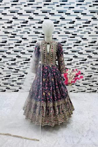 Kids chinon silk digital print with embroidered work wedding gown
