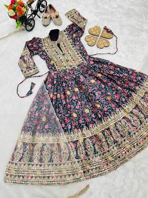 Kids chinon silk digital print with embroidered work wedding gown 3