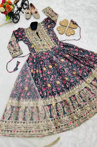Kids chinon silk digital print with embroidered work wedding gown