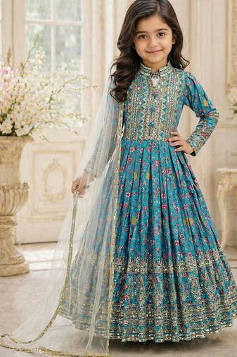 Kids chinon silk digital print with embroidered work wedding gown