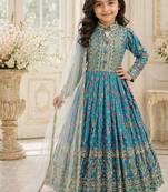 Kids chinon silk digital print with embroidered work wedding gown