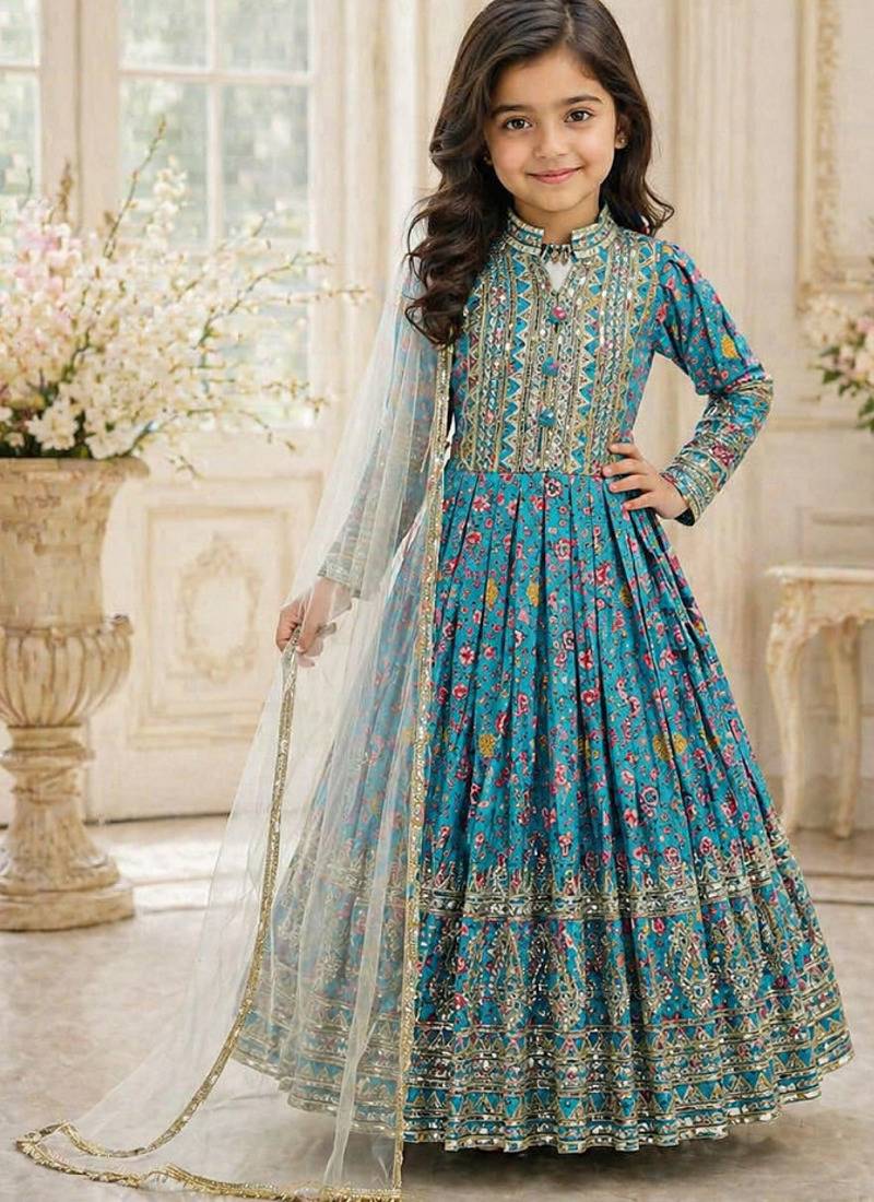 Kids chinon silk digital print with embroidered work wedding gown