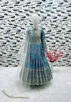 Kids chinon silk digital print with embroidered work wedding gown 2