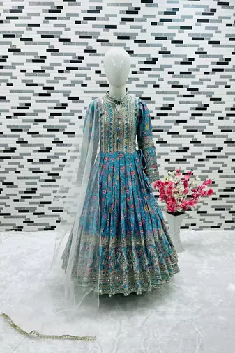 Kids chinon silk digital print with embroidered work wedding gown