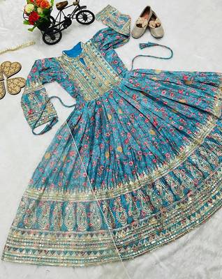 Kids chinon silk digital print with embroidered work wedding gown 3