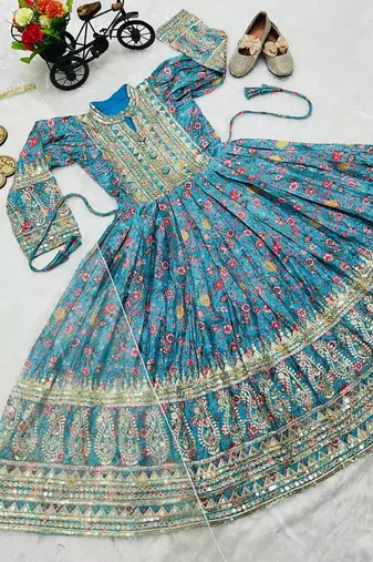 Kids chinon silk digital print with embroidered work wedding gown