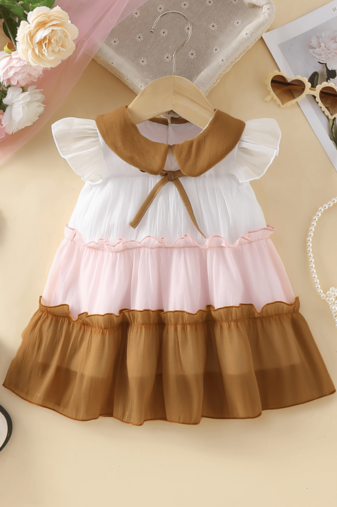 White & brown colorblock solid polyester tiered fit & flare girls dress
