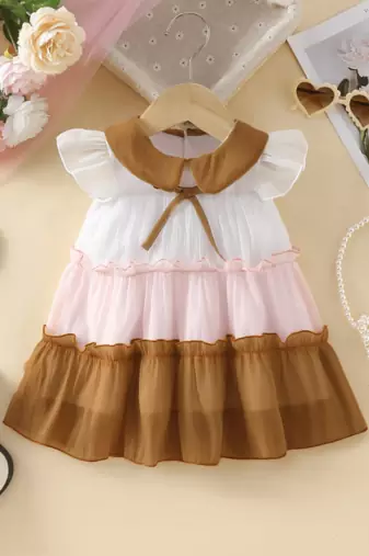 White & brown colorblock solid polyester tiered fit & flare girls dress