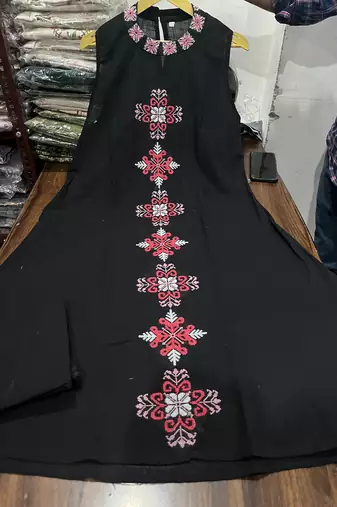Black Sleeveless Cotton Kurti Set with Embroidery