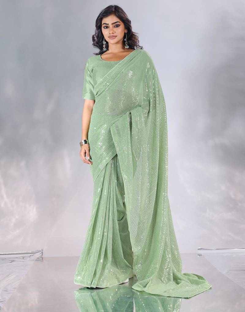 Pure georgette embellished sequinned party wear saree