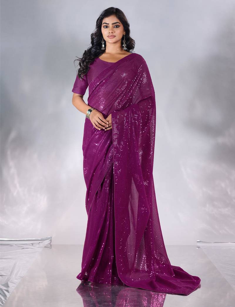 Pure georgette embellished sequinned party wear saree