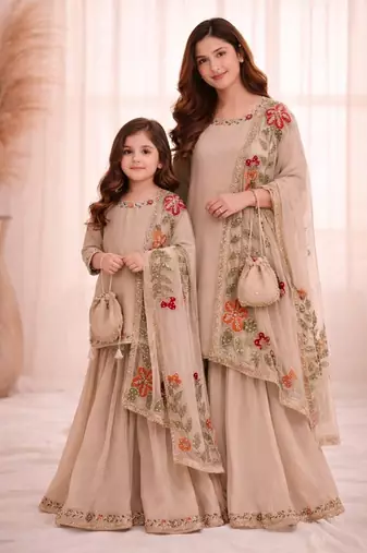 Designer party wear heavy silk mother daughter top sharara & dupatta set