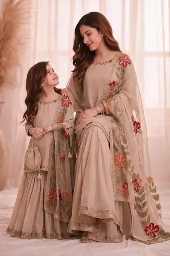 Designer party wear heavy silk mother daughter top sharara & dupatta set