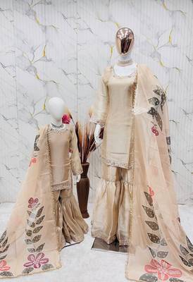 Designer party wear heavy silk mother daughter top sharara & dupatta set 3