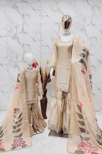 Designer party wear heavy silk mother daughter top sharara & dupatta set