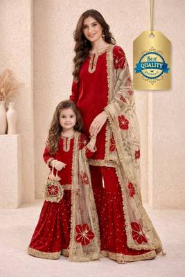Designer party wear heavy silk mother daughter top sharara & dupatta set 1