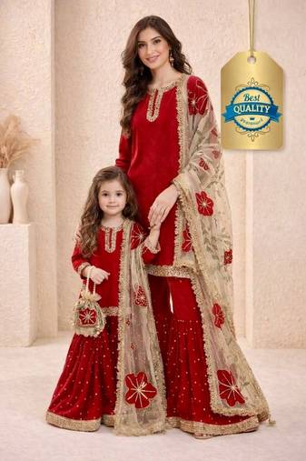 Designer party wear heavy silk mother daughter top sharara & dupatta set