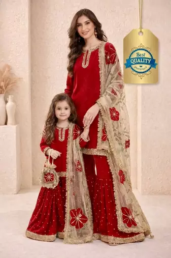 Designer party wear heavy silk mother daughter top sharara & dupatta set