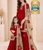 Designer party wear heavy silk mother daughter top sharara & dupatta set