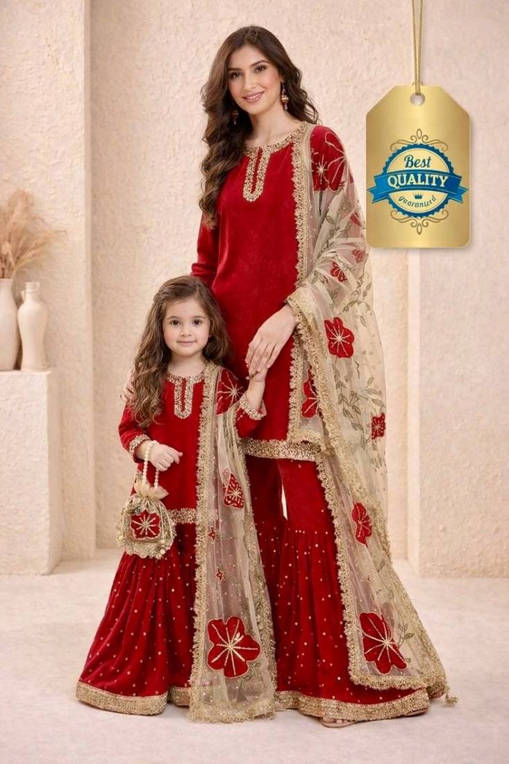 Designer party wear heavy silk mother daughter top sharara & dupatta set