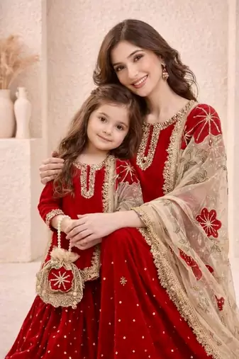 Designer party wear heavy silk mother daughter top sharara & dupatta set