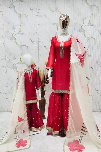 Designer party wear heavy silk mother daughter top sharara & dupatta set